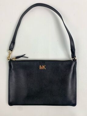 Michael Kors Slim Black Leather Shoulder handBag with Gold MK Emblem Zipper NEW
